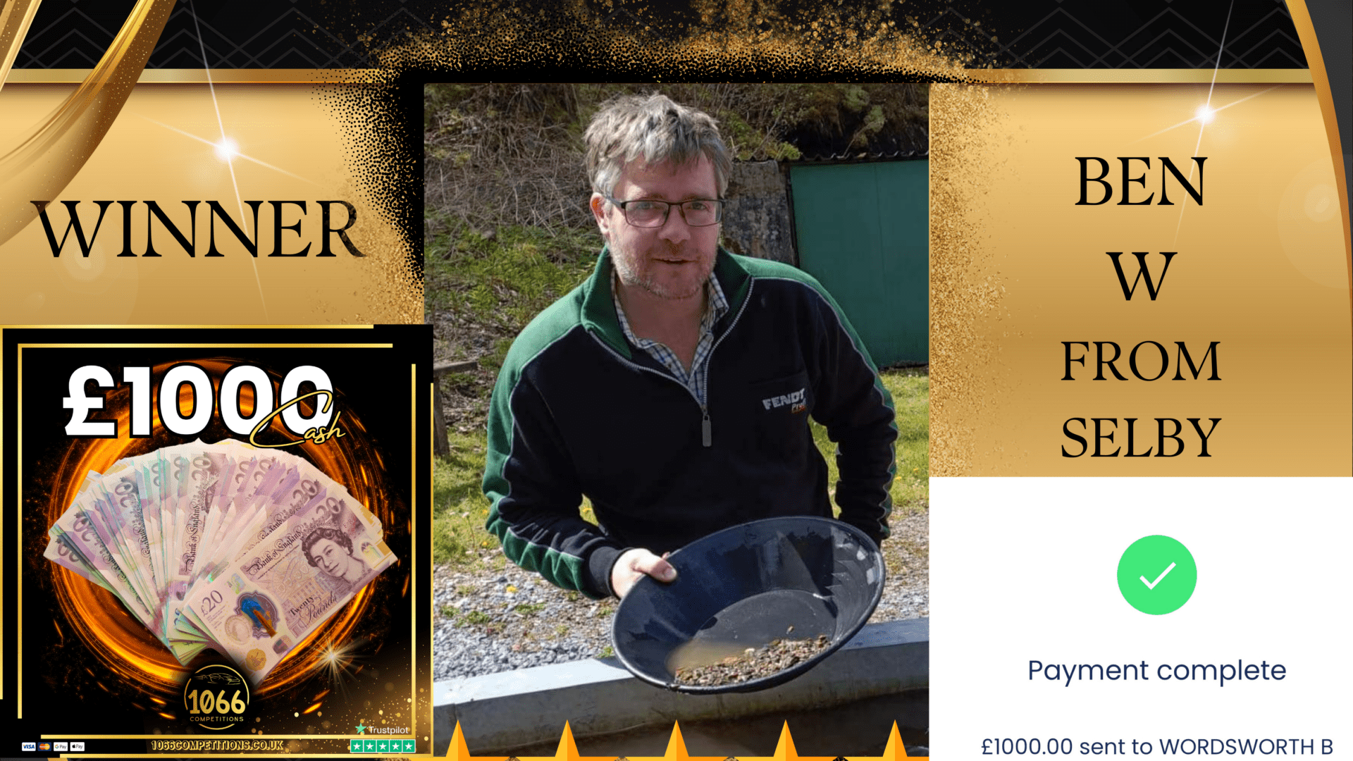 Congratulations to Ben Wordsworth from Selby, winner of £1000 cash while on a gold panning holiday!