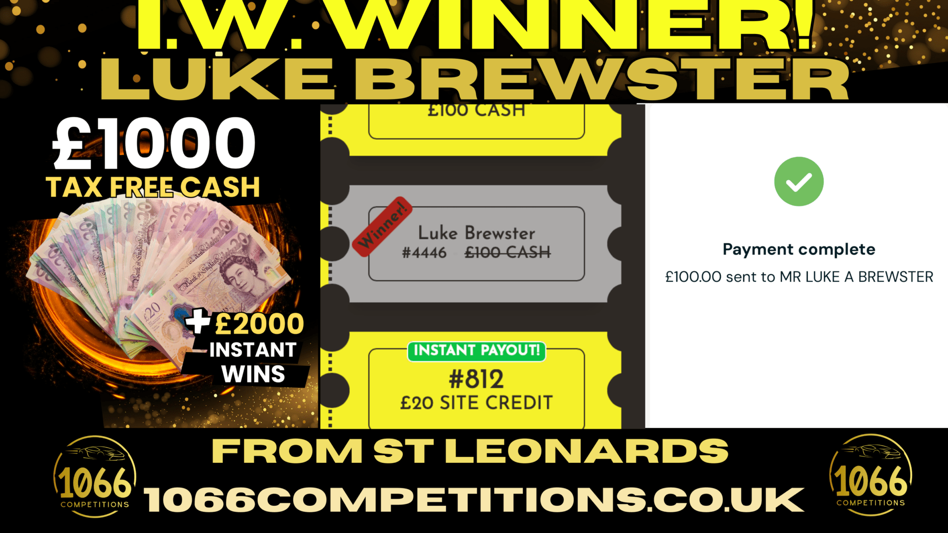 Luke Brewster Wins £100 Instant Win at 1066 Competitions