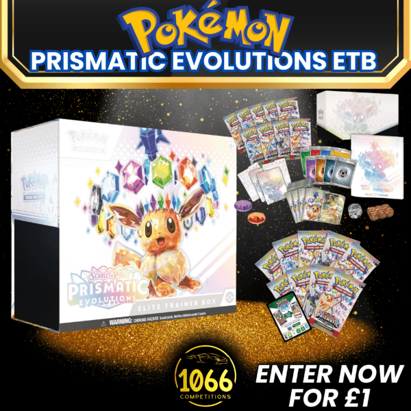 Pokémon Prismatic Evolutions Elite Trainer Box (ETB) prize at 1066 Competitions with only 200 tickets available for £1 each.