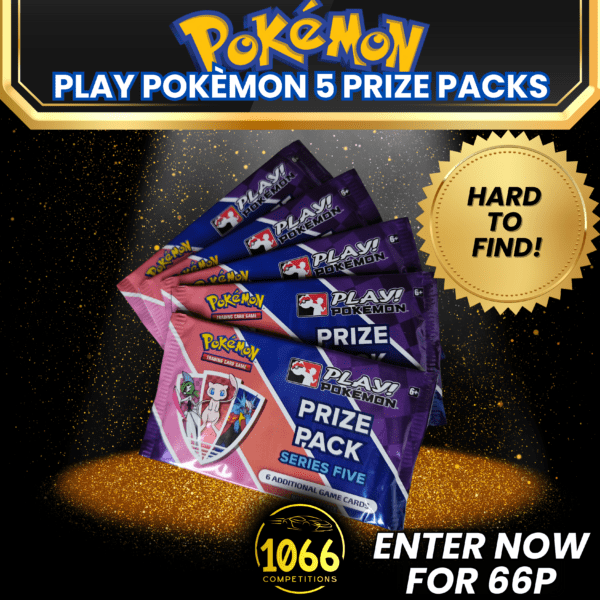 5 sealed Pokémon Play Prize Packs Series 5 featuring rare and exclusive cards, available at 1066 Competitions for 66p per ticket.