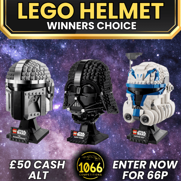 Win your choice of LEGO Star Wars Helmets: The Mandalorian, Darth Vader, or Captain Rex!