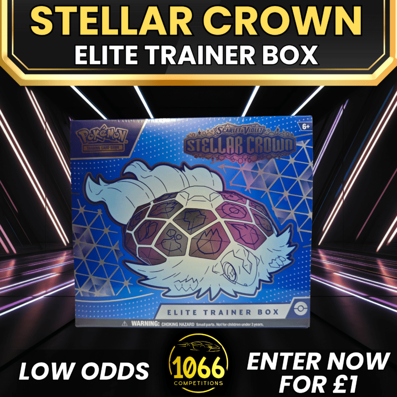 Pokémon Stellar Crown Elite Trainer Box competition – win a collectible box packed with booster packs, exclusive cards, and accessories.