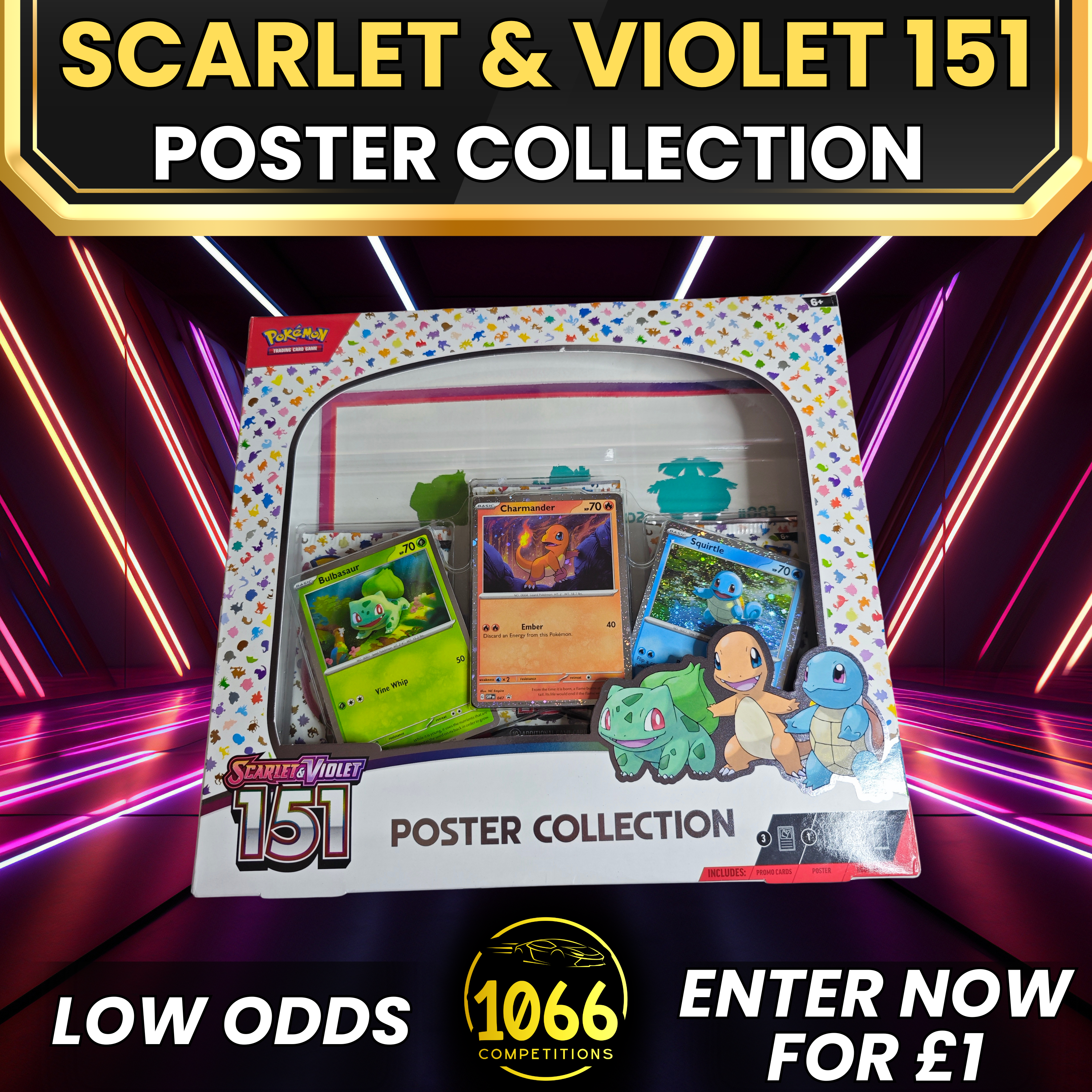 Scarlet & Violet 151 Poster Collection Box competition – win booster packs, exclusive promo cards, and a nostalgic two-sided Pokémon poster.