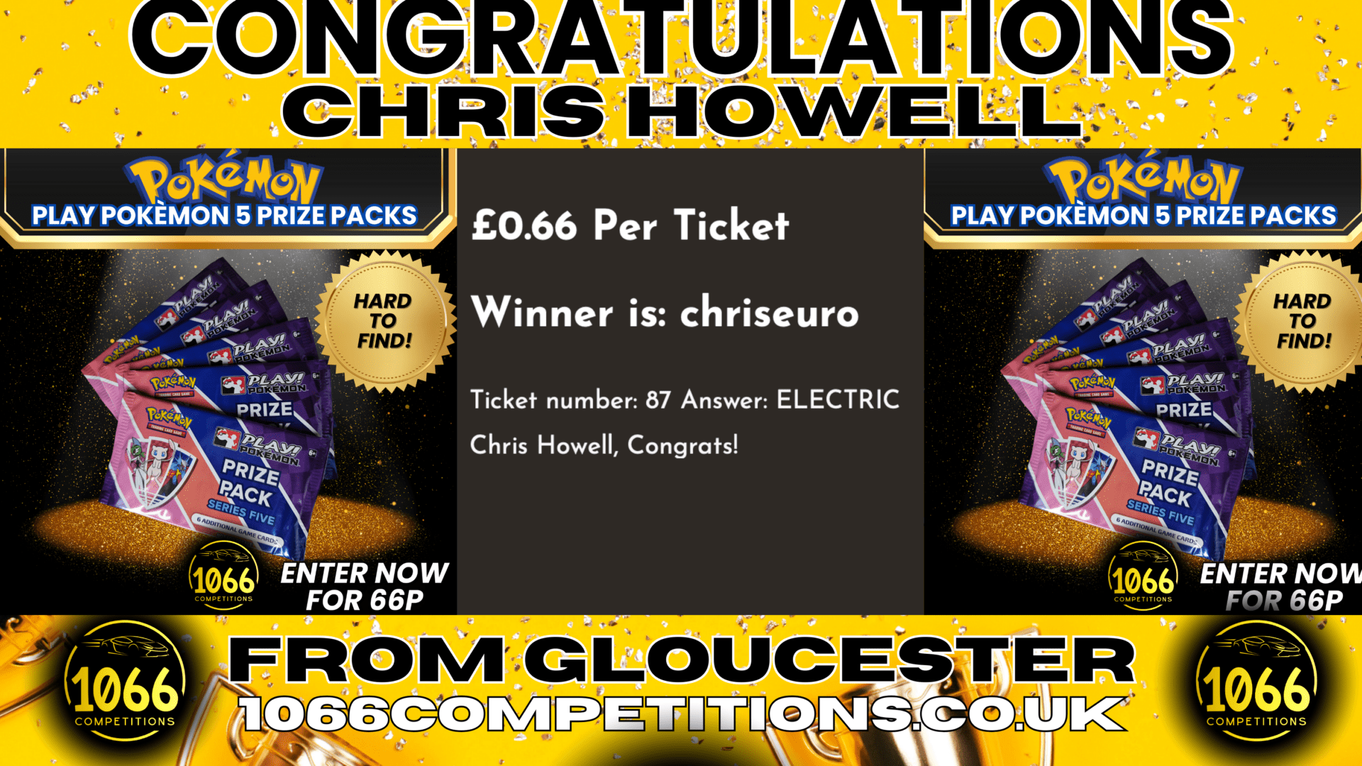 Chris Howell from Gloucester wins 5x Play Pokémon Prize Packs with Ticket #87 at 1066 Competitions!